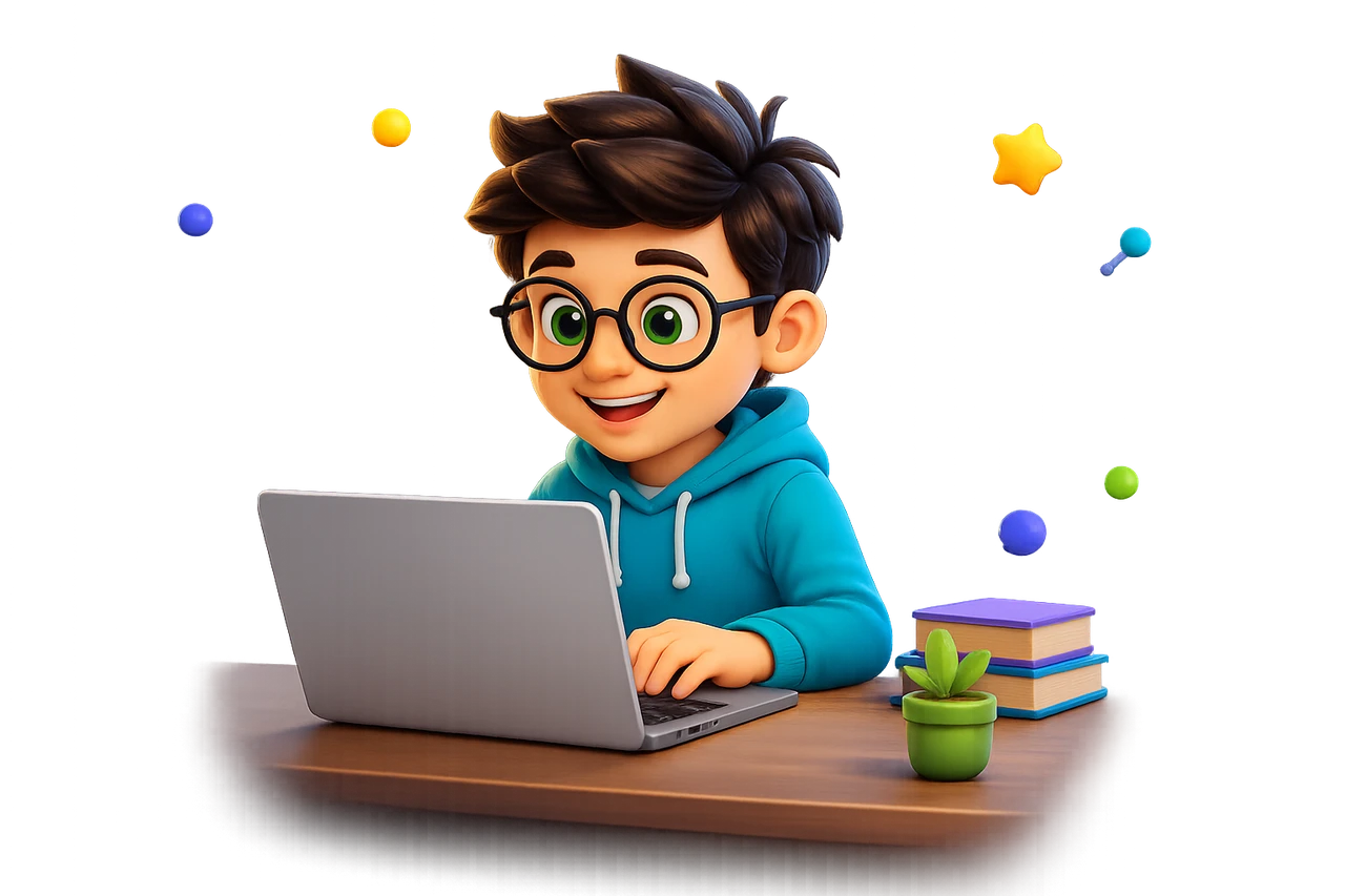 Copil cu ochelari construind un proiect la laptop, lângă cărți și o plantă.