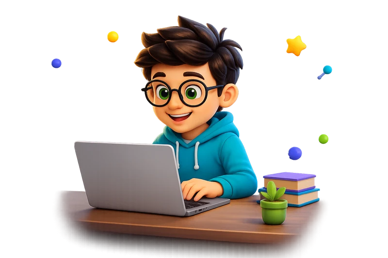 Copil cu ochelari construind un proiect la laptop, lângă cărți și o plantă.